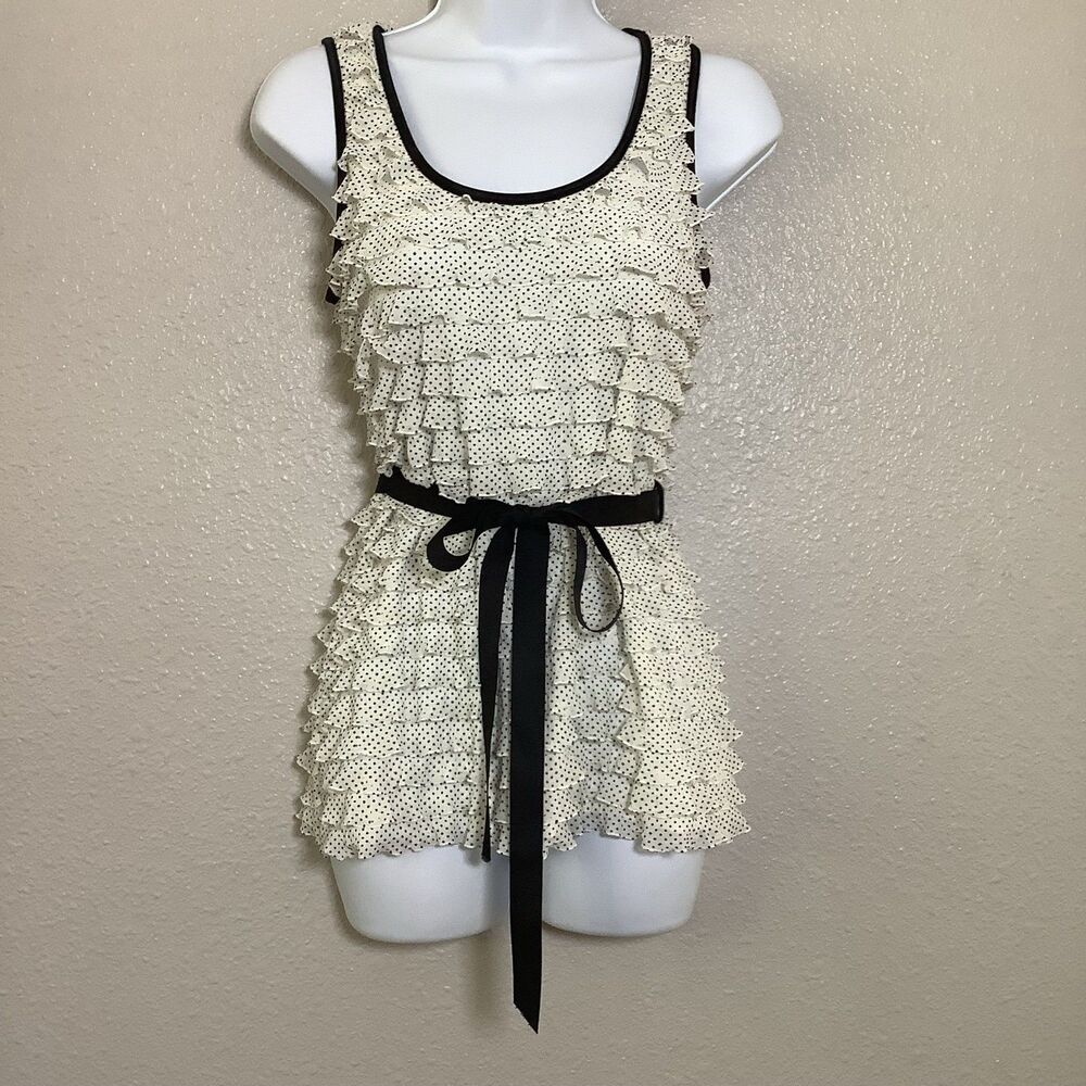 Vintage Y2K Polka Dot Ruffle Retro Preppy Twee Stretch Bow Detail Blouse L